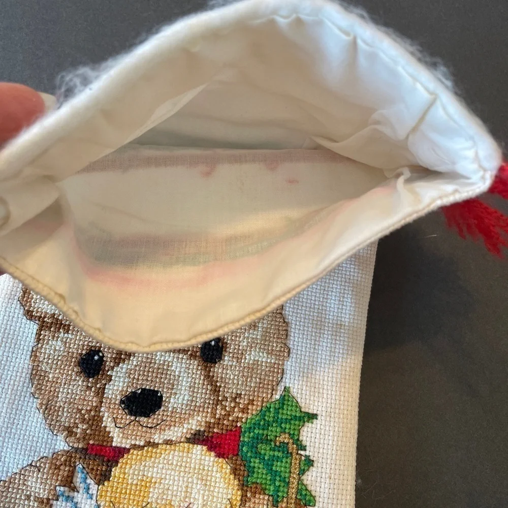 Cross Stitch Hand Made Teddy Bear Angel Christmas Stocking